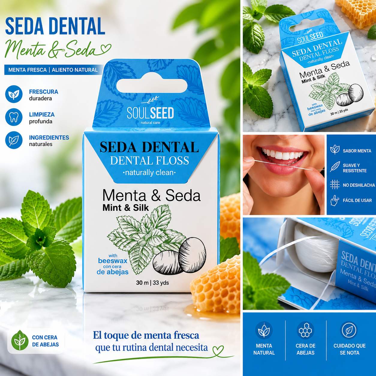 Seda Dental SoulSeed Menta & Seda con Cera de Abejas (30m)