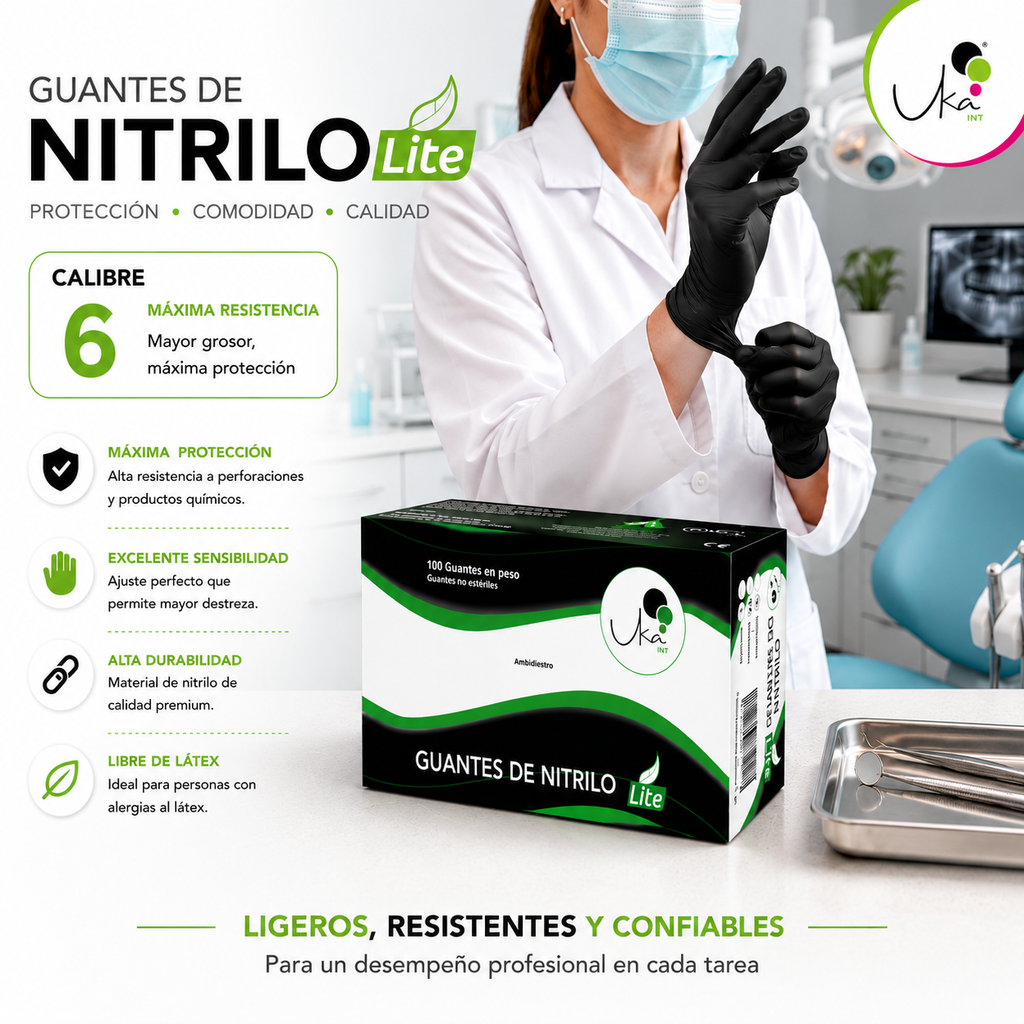 Caja de Guantes de Nitrilo Lite Negro - Calibre 6 (100 Unidades)