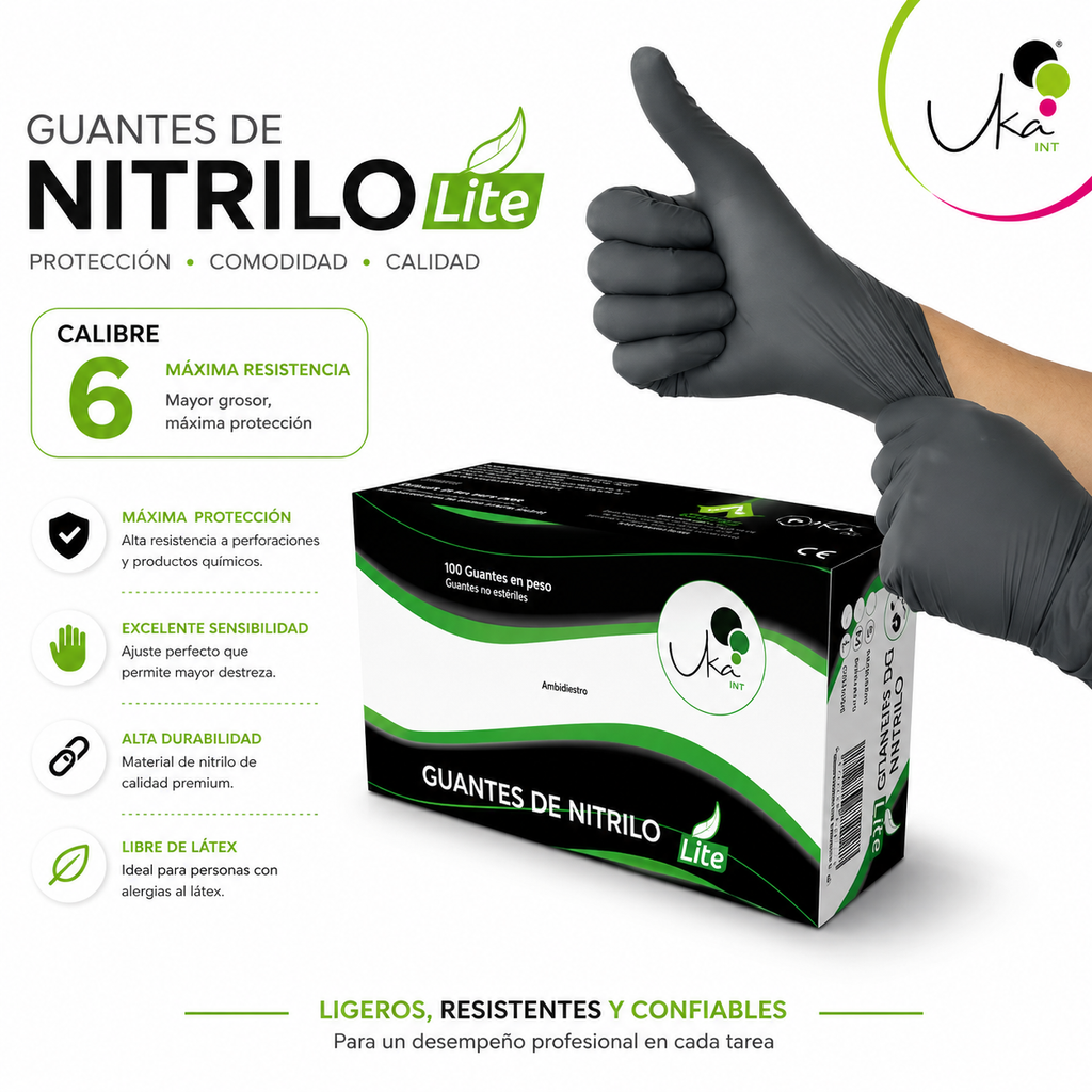 Caja de Guantes de Nitrilo Lite Negro - Calibre 6 (100 Unidades)