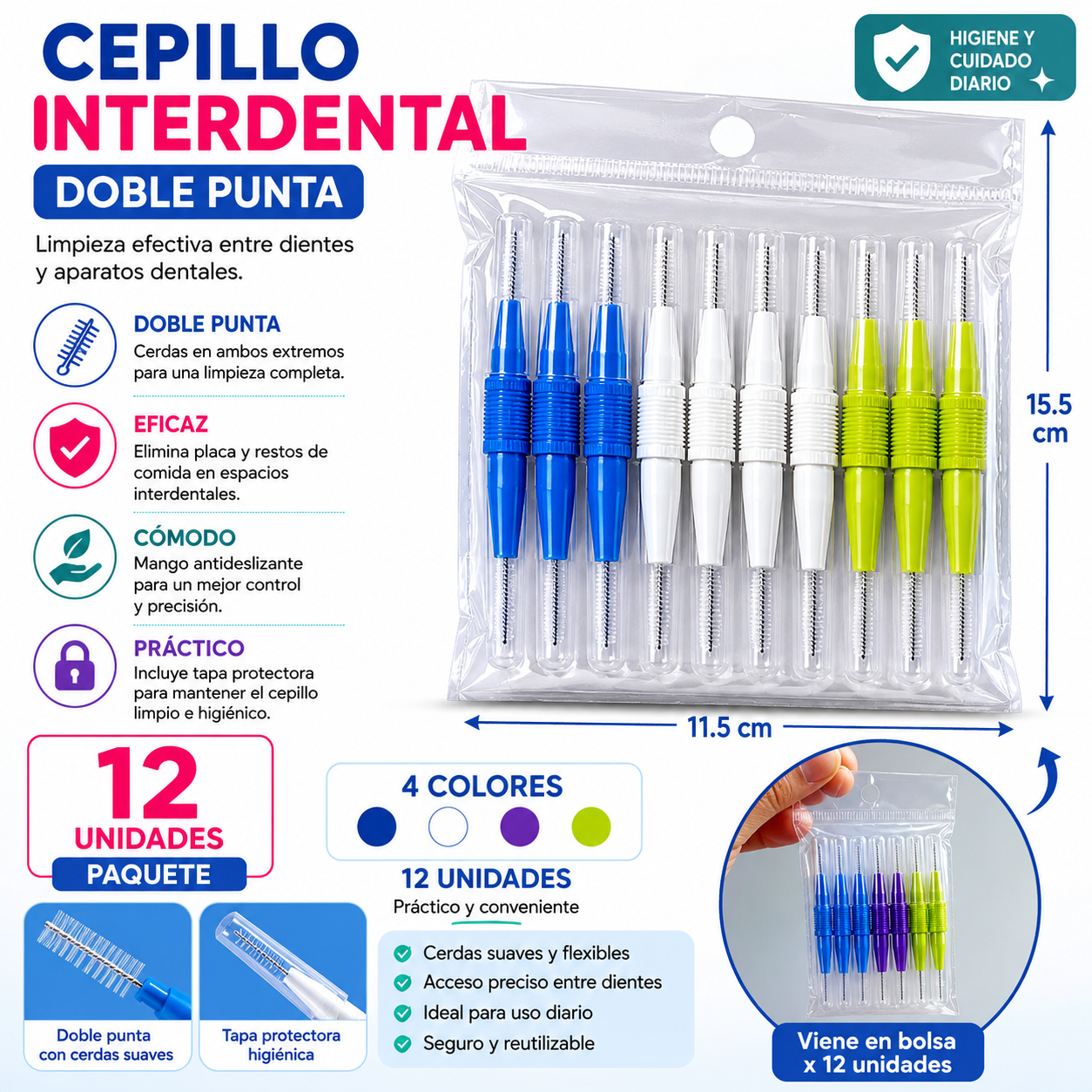 Cepillos Interdentales Doble Punta - Paquete x 12 Unidades