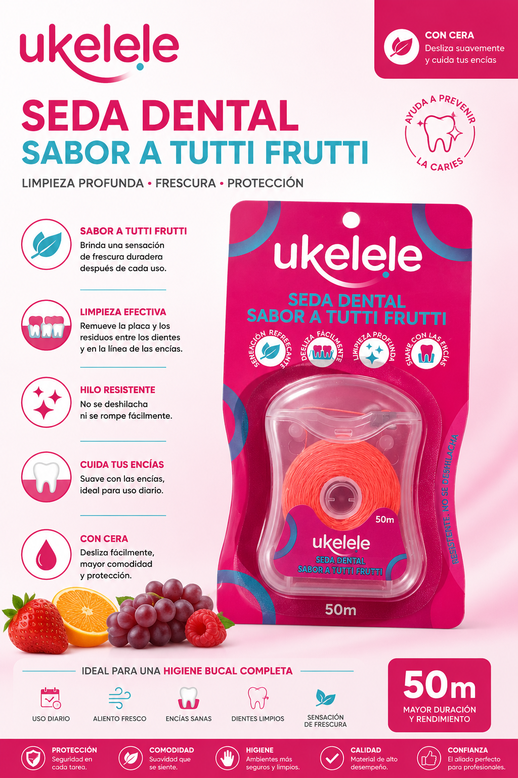 Seda Dental Ukelele Sabor a Tutti Frutti con cera  (50m)