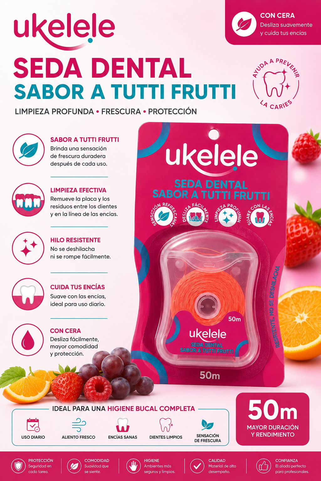 Seda Dental Ukelele Sabor a Tutti Frutti con cera  (50m)