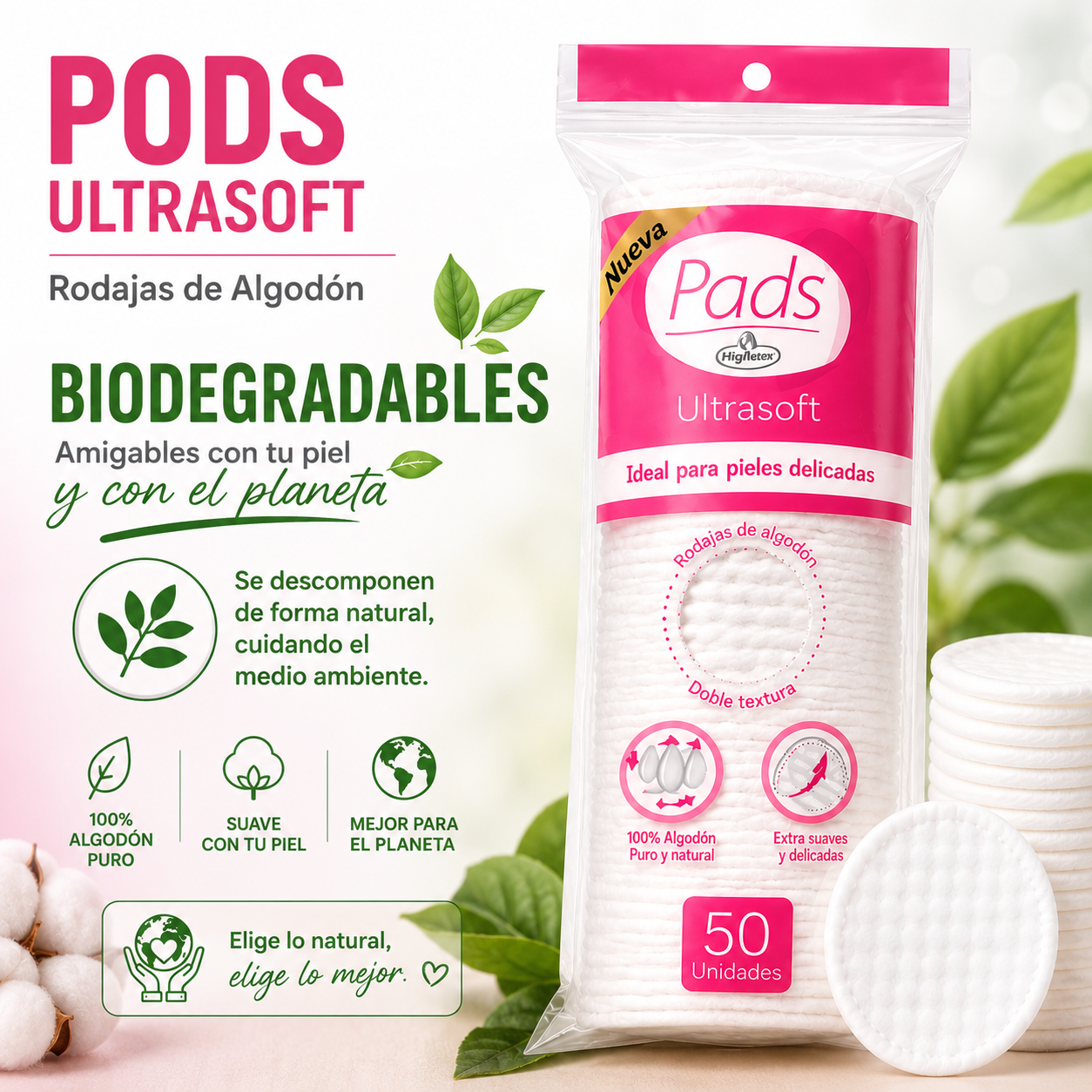 Rodajas de Algodón 100% Puro Ultrasuave x 50 Unidades