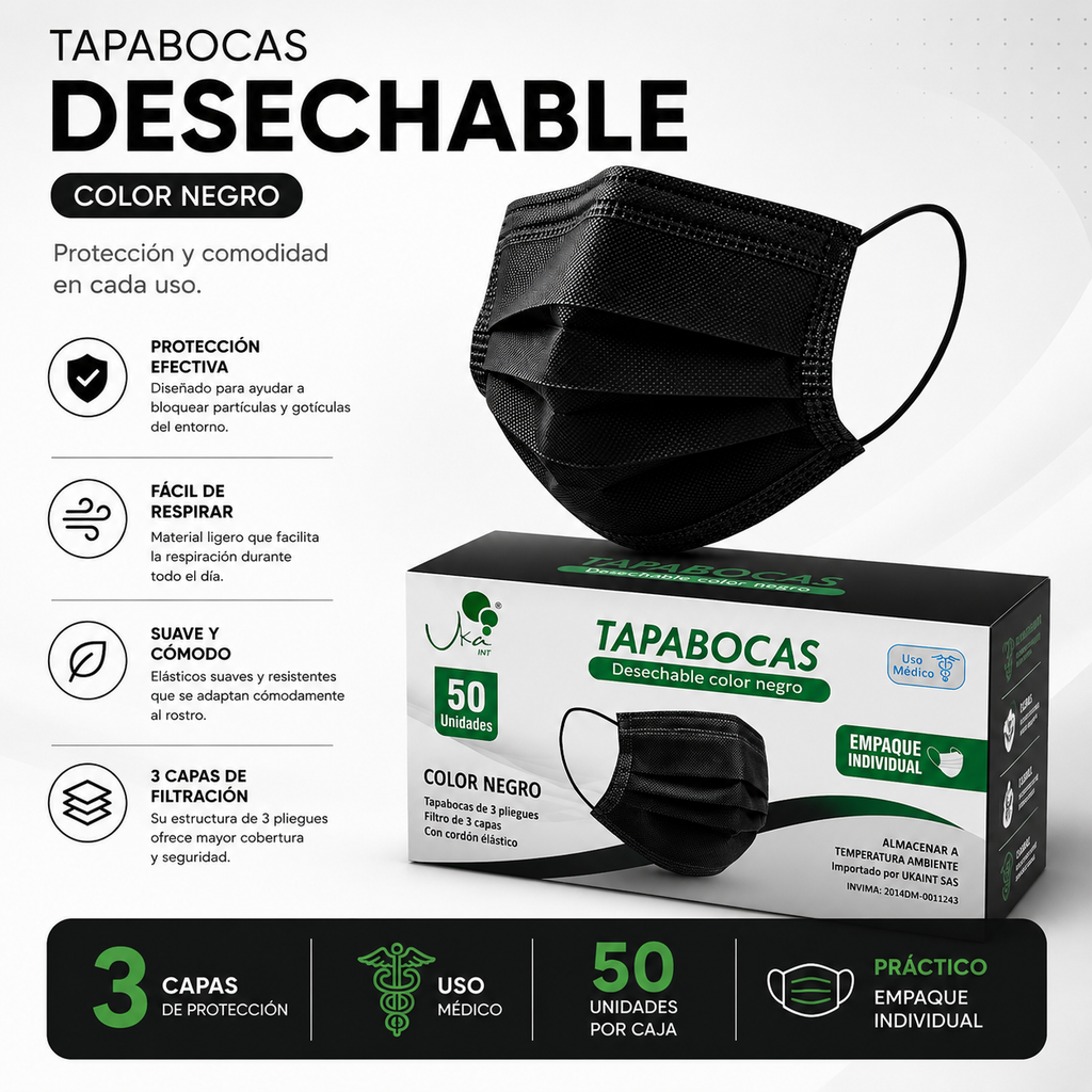 Caja de Tapabocas Desechables  Color Negro - Empaque Individual (50 Unidades)