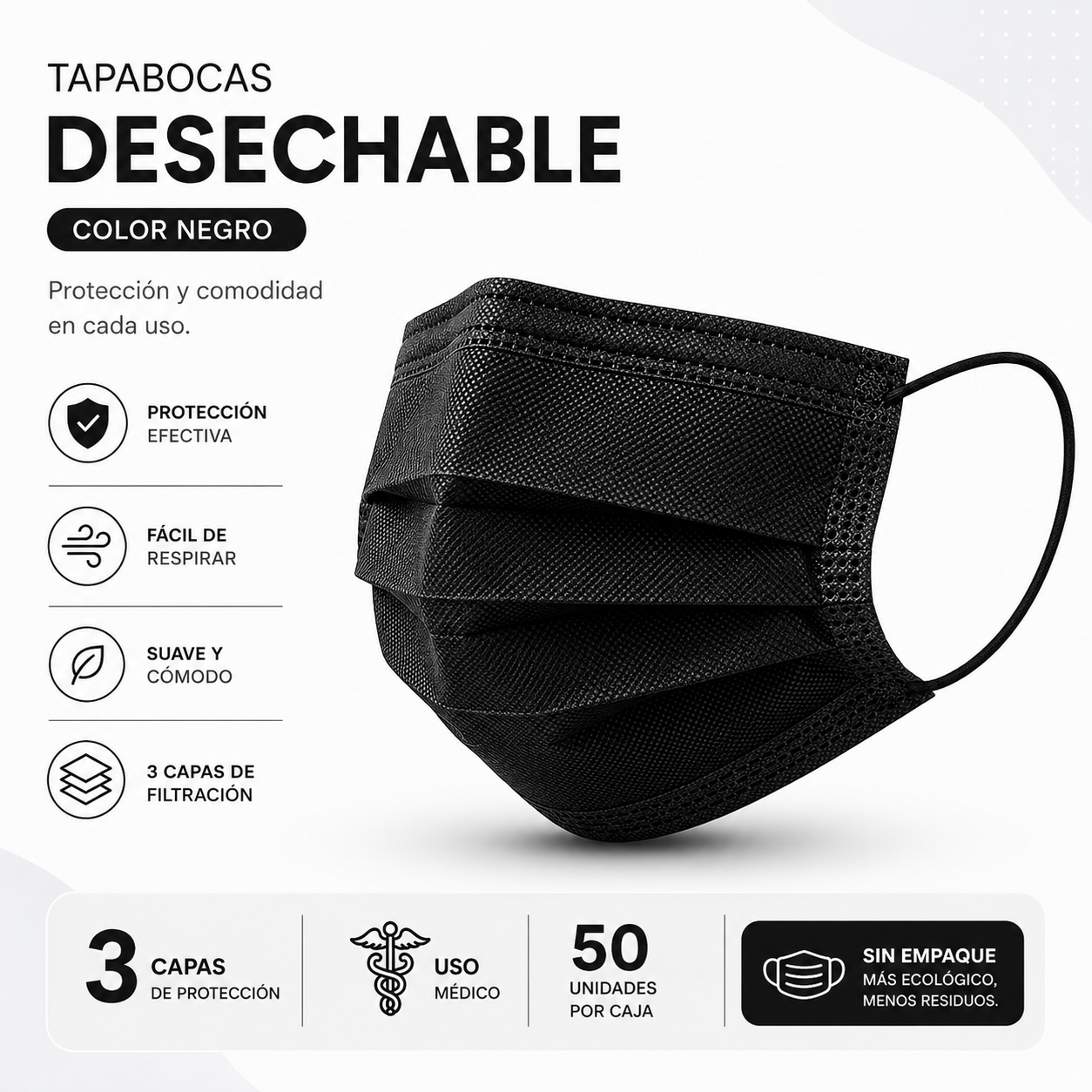 Caja de Tapabocas Desechables Color Negro - (Sin Empaque Individual)
