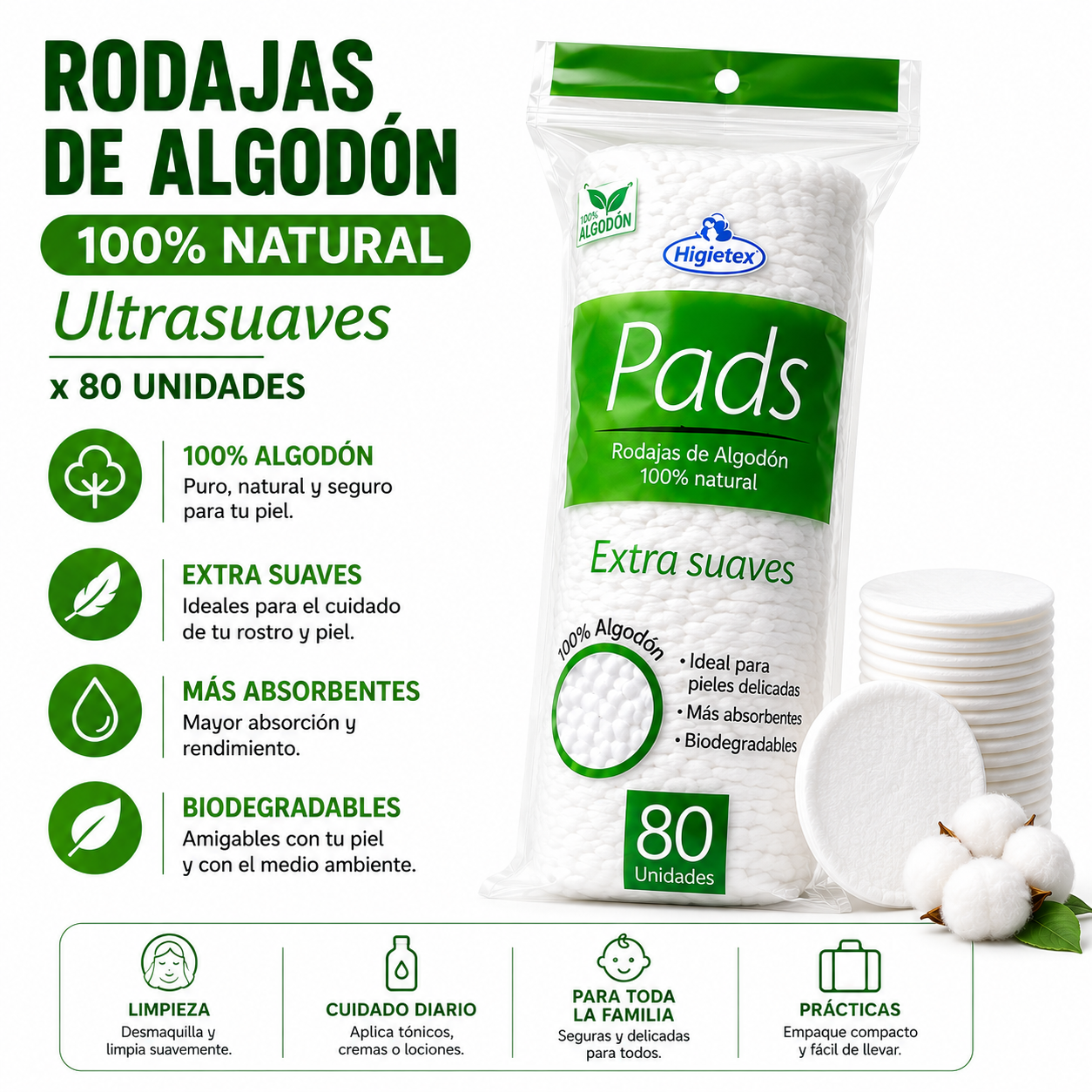 Rodajas de Algodón 100% Puro y Ultrasuave x 80 UNDS