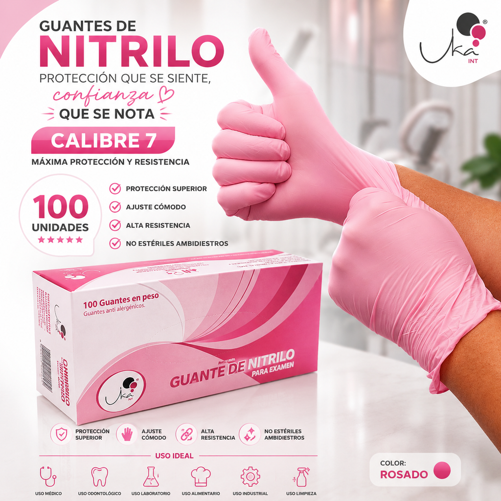 Caja de Guantes de Nitrilo Rosado - Calibre 7 (100 Unidades)