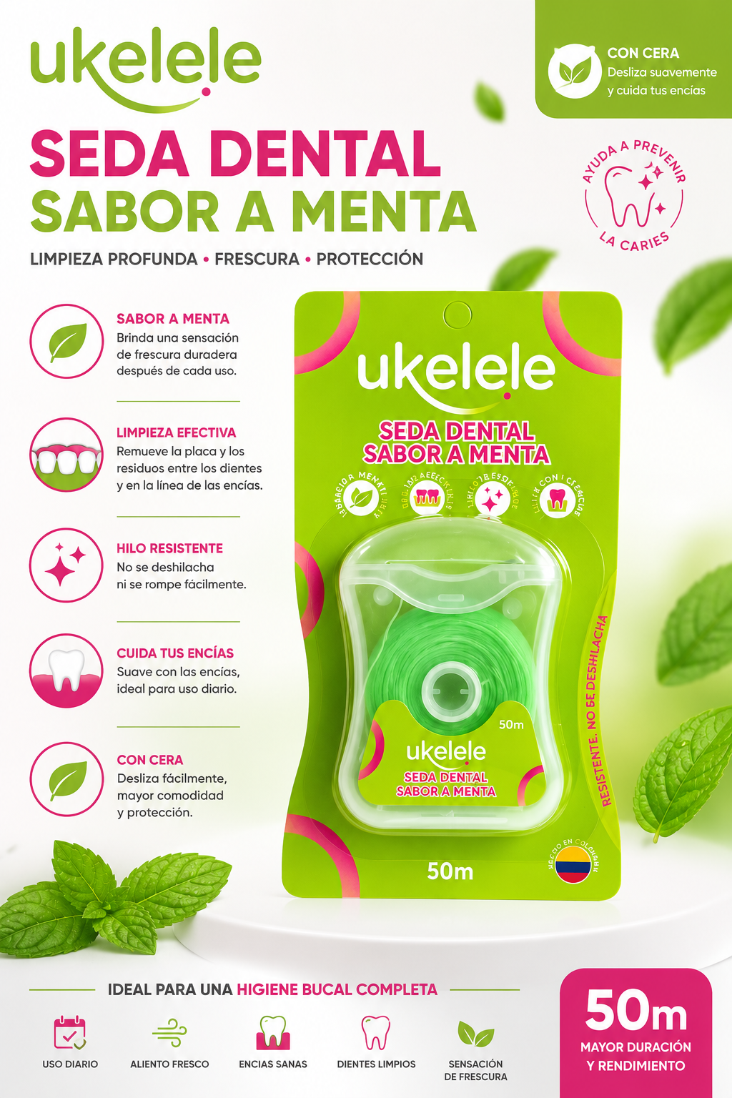 Seda Dental Ukelele Sabor a Menta con Cera (50m)