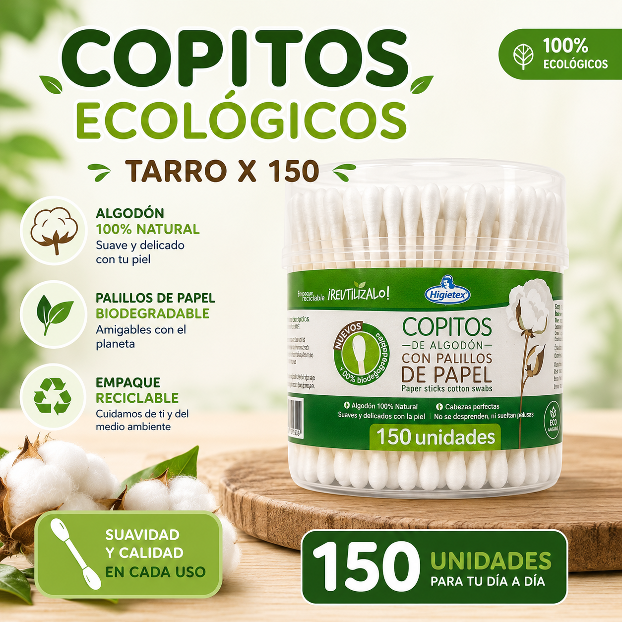Copitos Ecológicos de Algodón con Palillo de Papel - Tarro x 150 Unidades