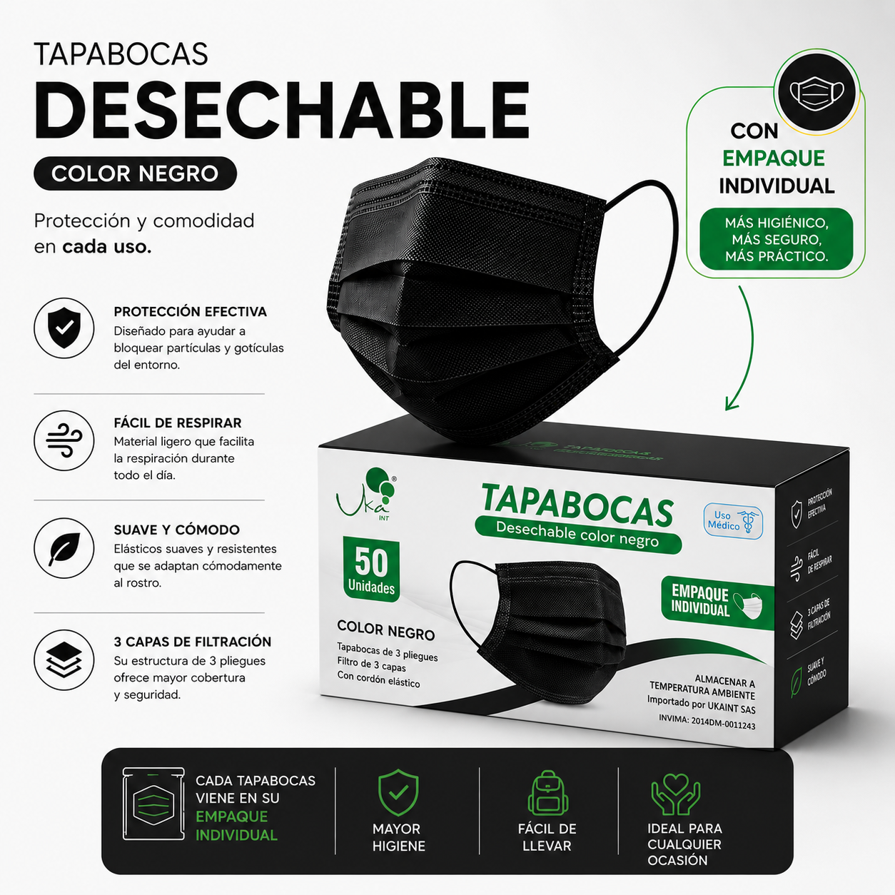 Caja de Tapabocas Desechables  Color Negro - Empaque Individual (50 Unidades)