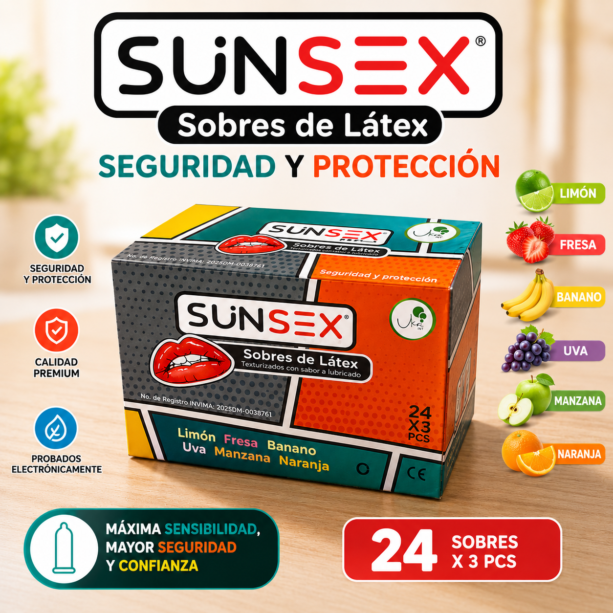 Caja de Condones SUNSEX Texturizados con Sabores (72 Unidades)