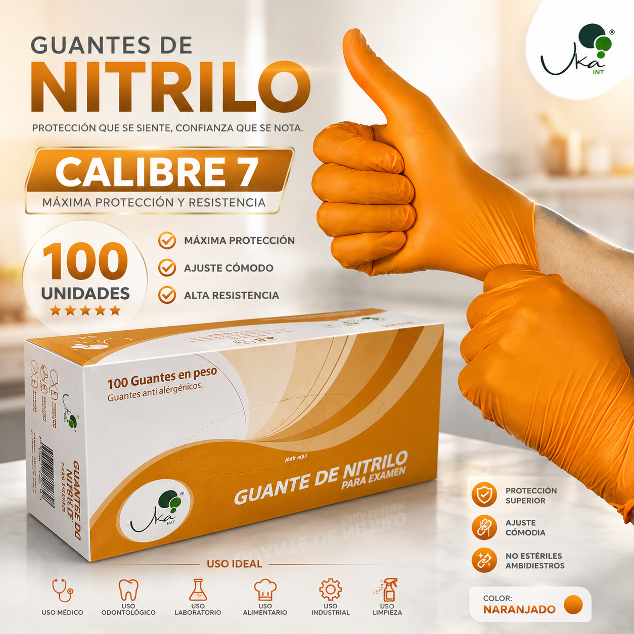 Caja de Guantes de Nitrilo Naranja - Calibre 7 (100 Unidades)