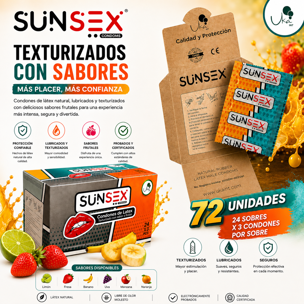 Caja de Condones SUNSEX Texturizados con Sabores (72 Unidades)