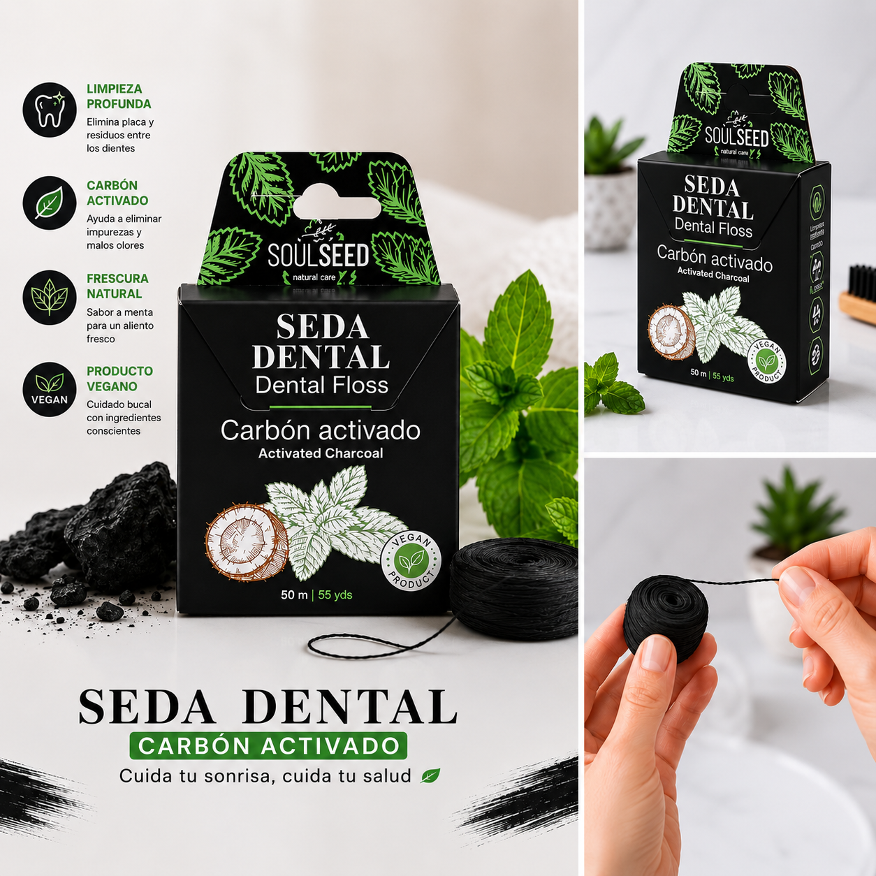 Seda Dental SoulSeed Carbón Activado & Menta (50m) - 100% Vegana