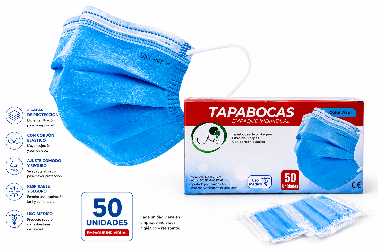 Caja de Tapabocas Desechables Azules - Empaque Individual (50 Unidades)