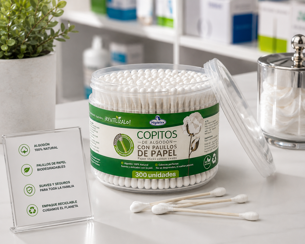Copitos Ecológicos de Algodón con Palillo de Papel - Tarro x 300 Unidades