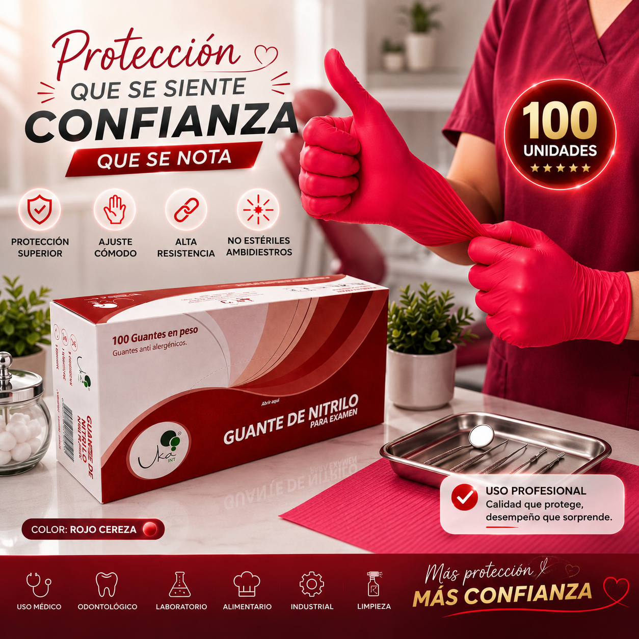 Caja de Guantes de Nitrilo Rojo Cereza - Calibre 7 (100 Unidades)