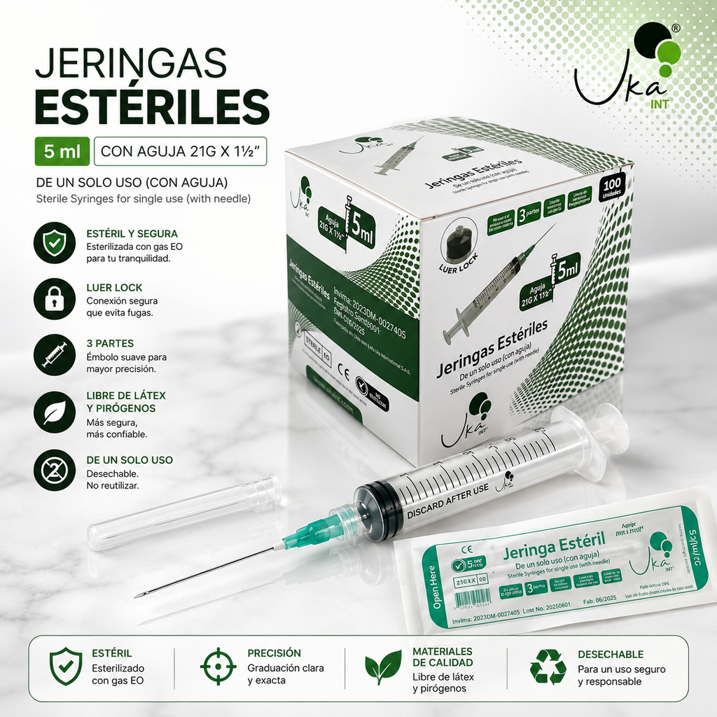 Jeringas Esteriles de 5ml/21G x 100 UND