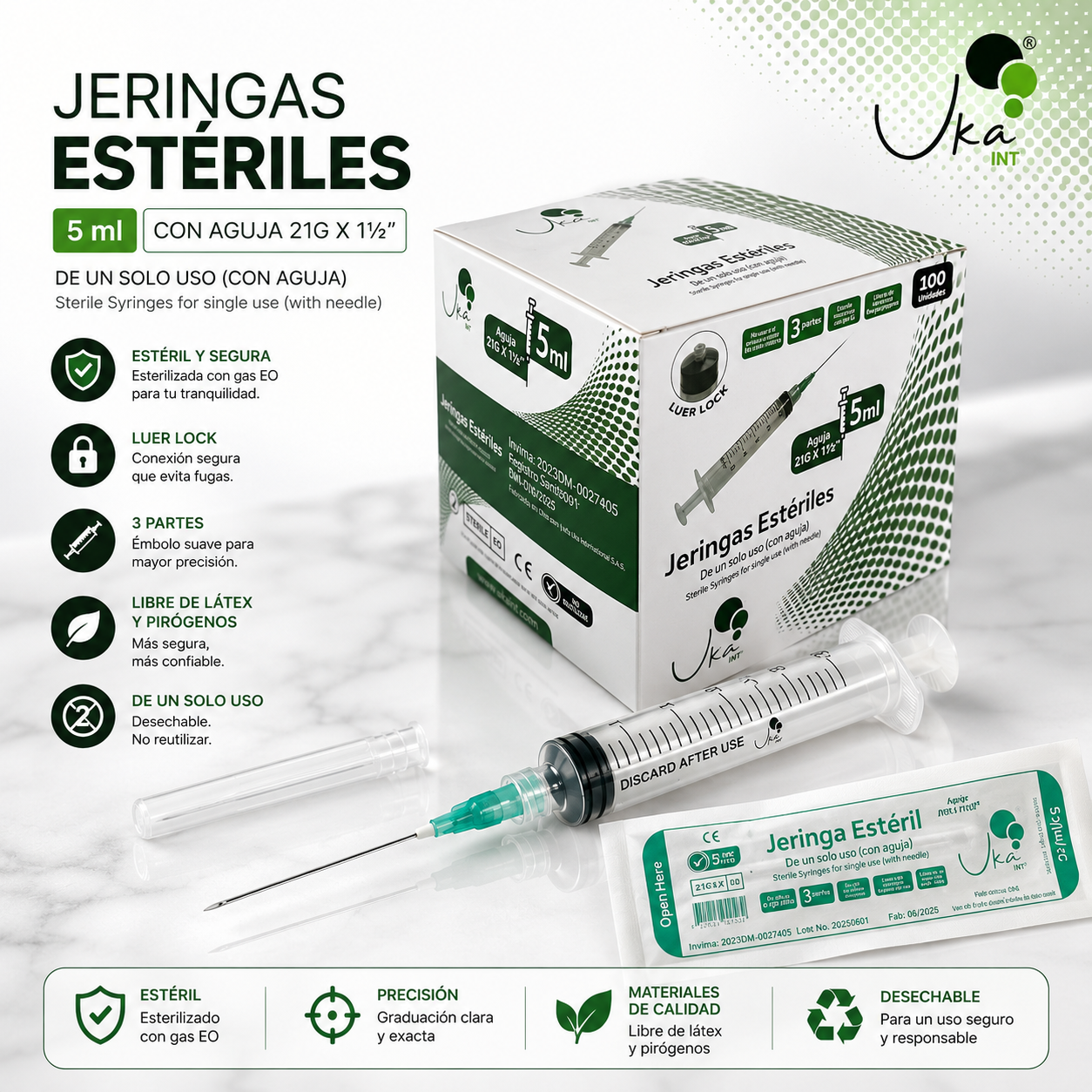 Jeringas Esteriles de 5ml/21G x 100 UND
