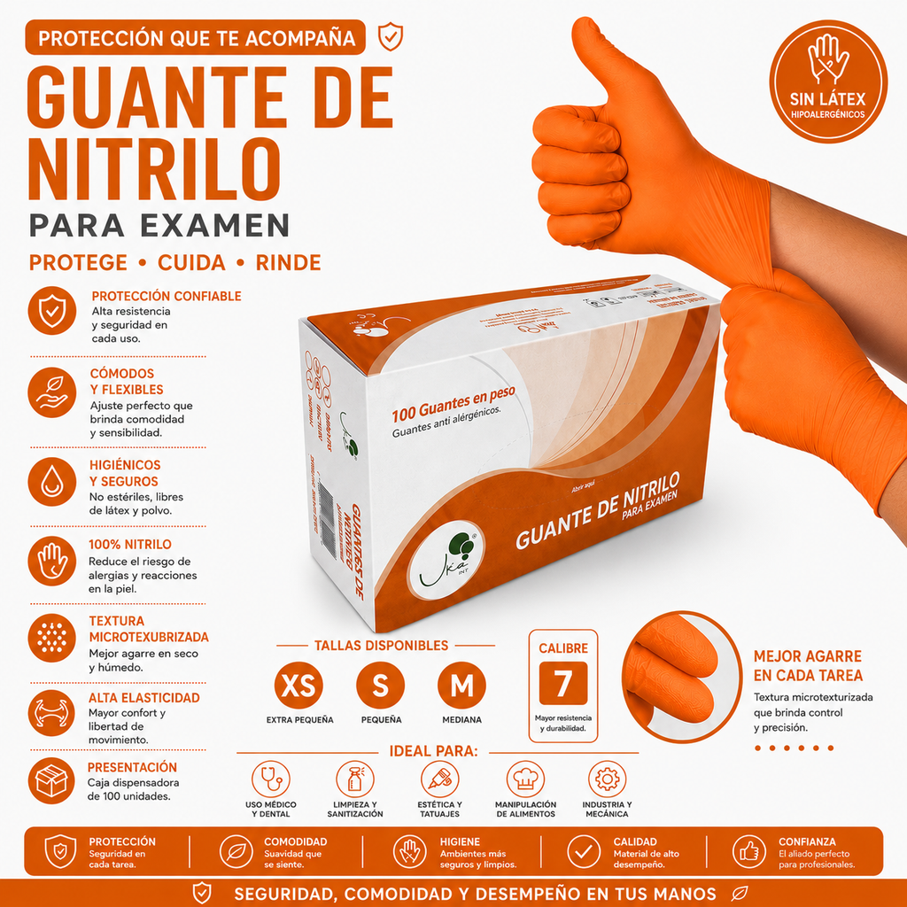 Caja de Guantes de Nitrilo Naranja - Calibre 7 (100 Unidades)