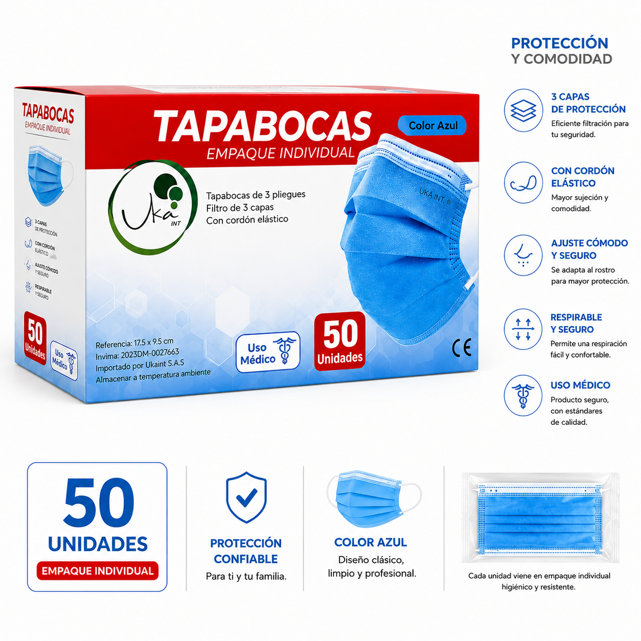 Caja de Tapabocas Desechables Azules - Empaque Individual (50 Unidades)