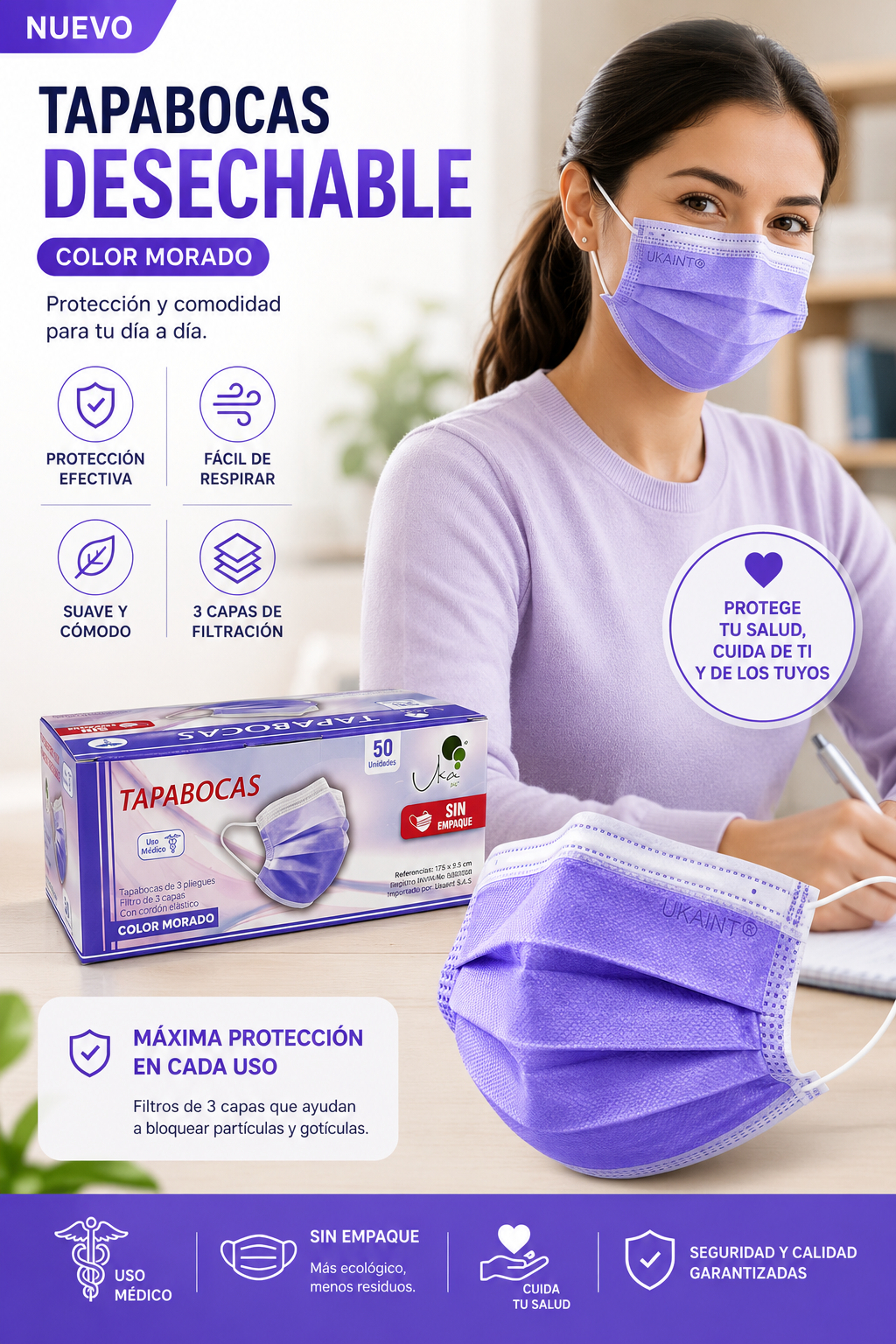 Caja de Tapabocas Desechables  Color Morado - 50 unidades (Sin Empaque Individual)