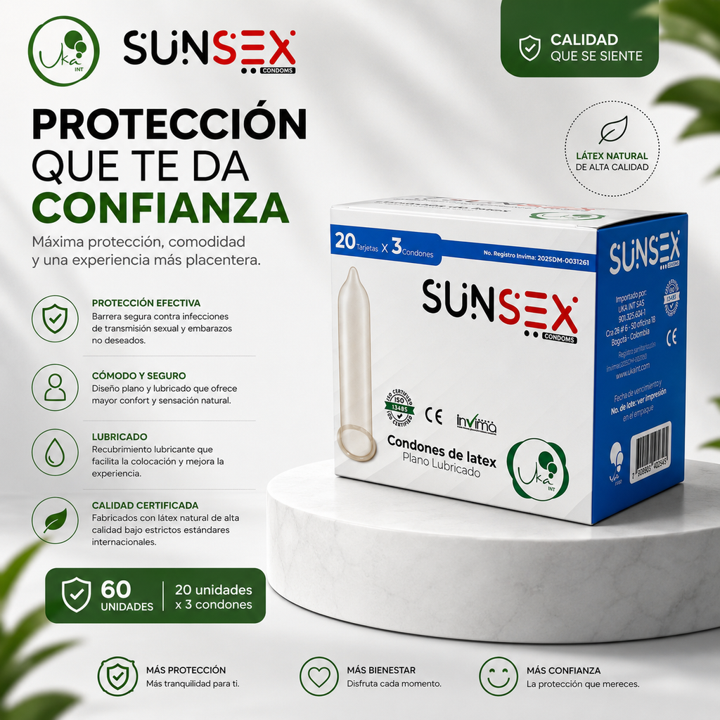 Caja de Condones Sunsex Clásicos Planos y Lubricados (60 Unidades)