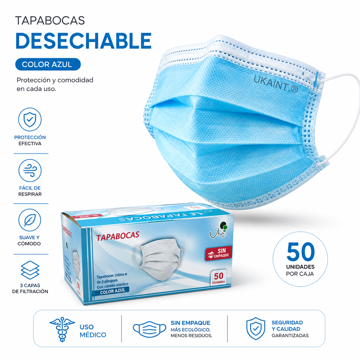 Caja de Tapabocas Desechables  Color Azul - 50 Unidades (Sin Empaque Individual)