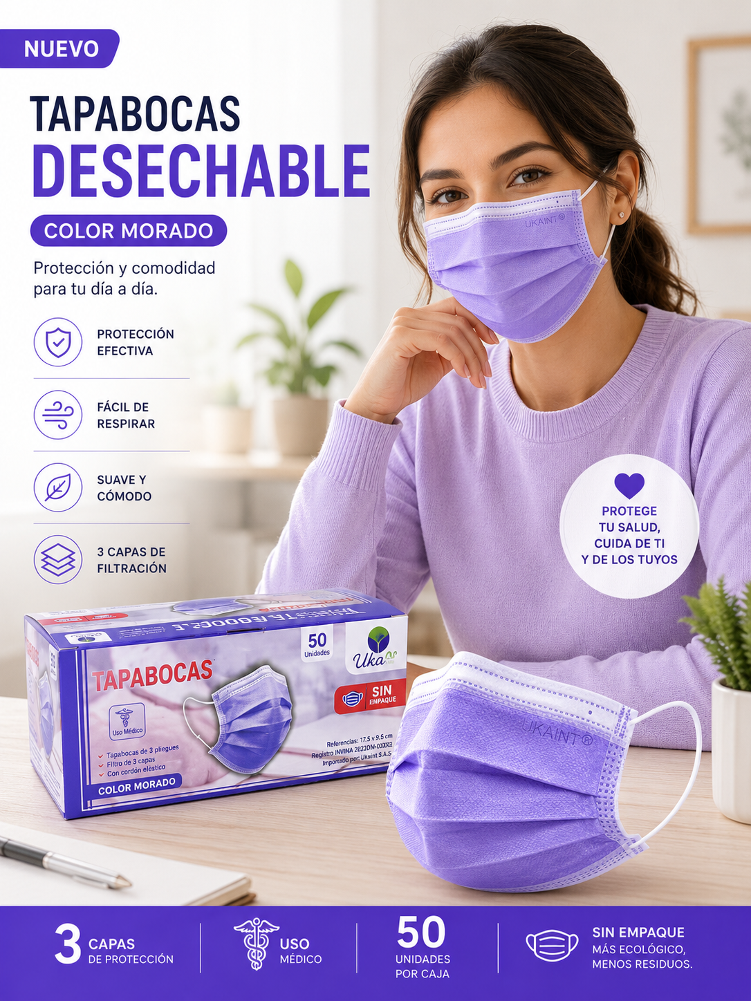 Caja de Tapabocas Desechables  Color Morado - 50 unidades (Sin Empaque Individual)