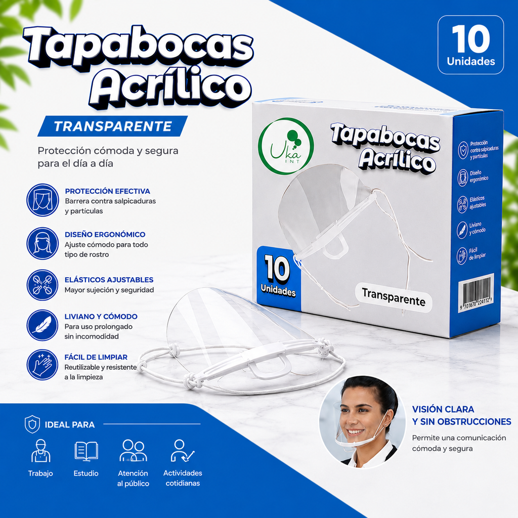 Caja de Tapabocas Acrílicos Transparentes - Reutilizables (10 Unidades)