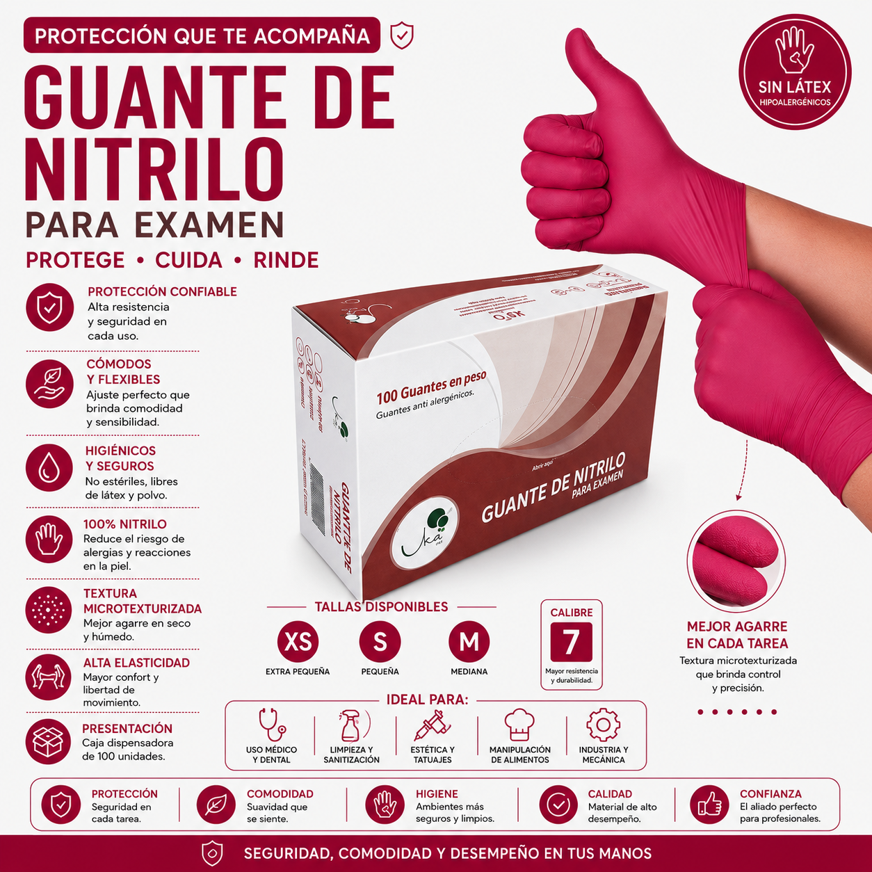 Caja de Guantes de Nitrilo Rojo Cereza - Calibre 7 (100 Unidades)