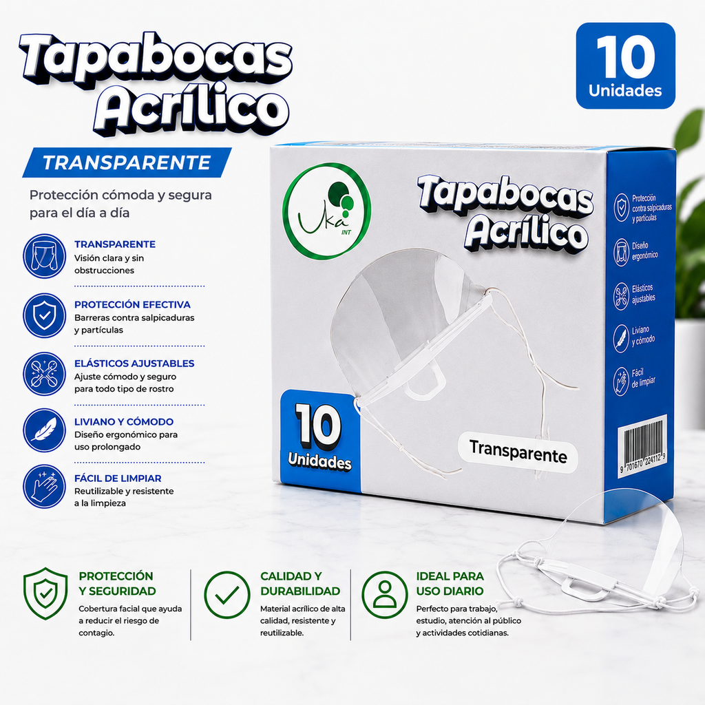 Caja de Tapabocas Acrílicos Transparentes - Reutilizables (10 Unidades)