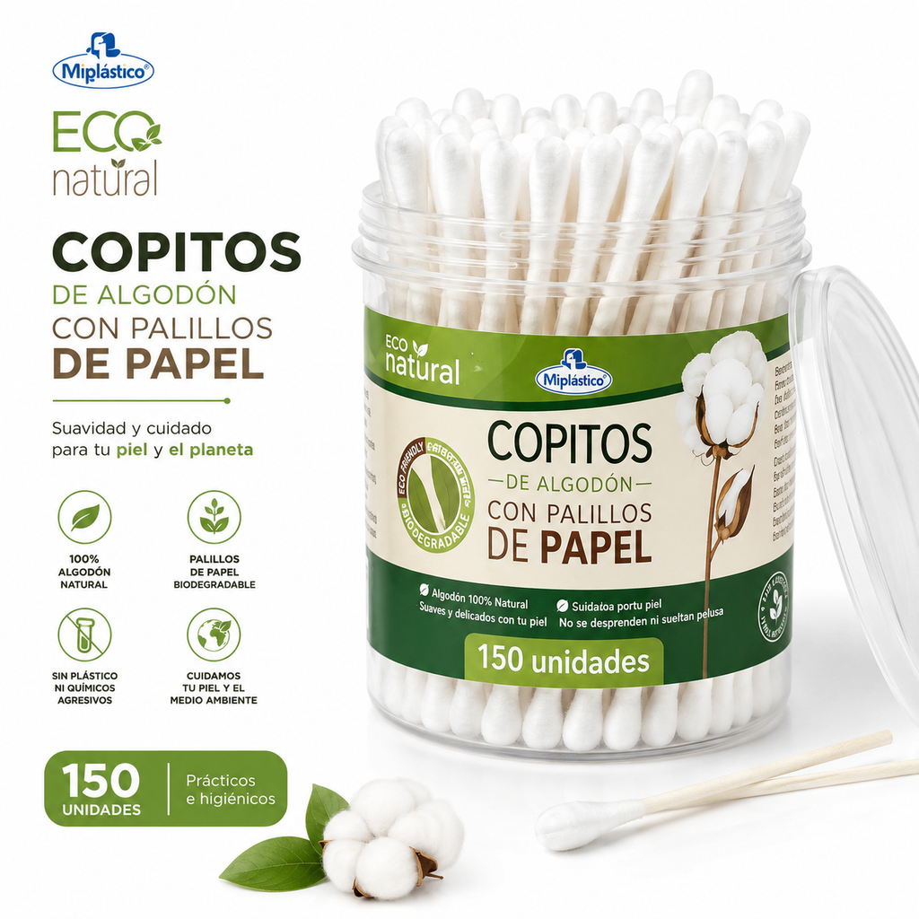 Copitos Ecológicos de Algodón con Palillo de Papel - Tarro x 150 Unidades