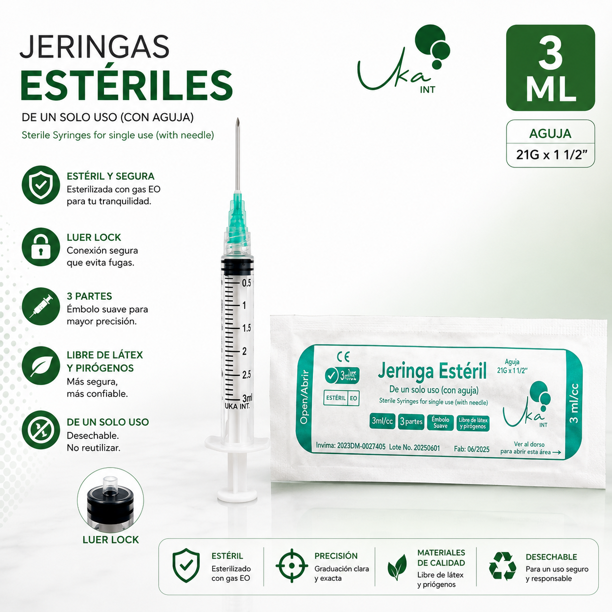 Jeringas Esteriles de 3ml/21G x 100 UND