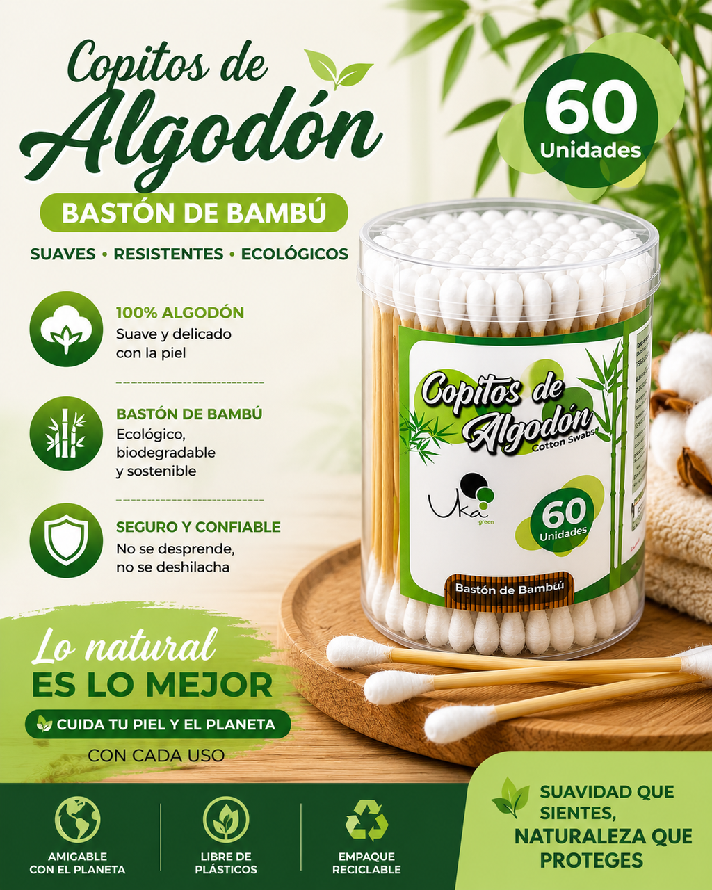 Copitos de Algodón con Bastón de Bambú - Tarro x 60 Unidades
