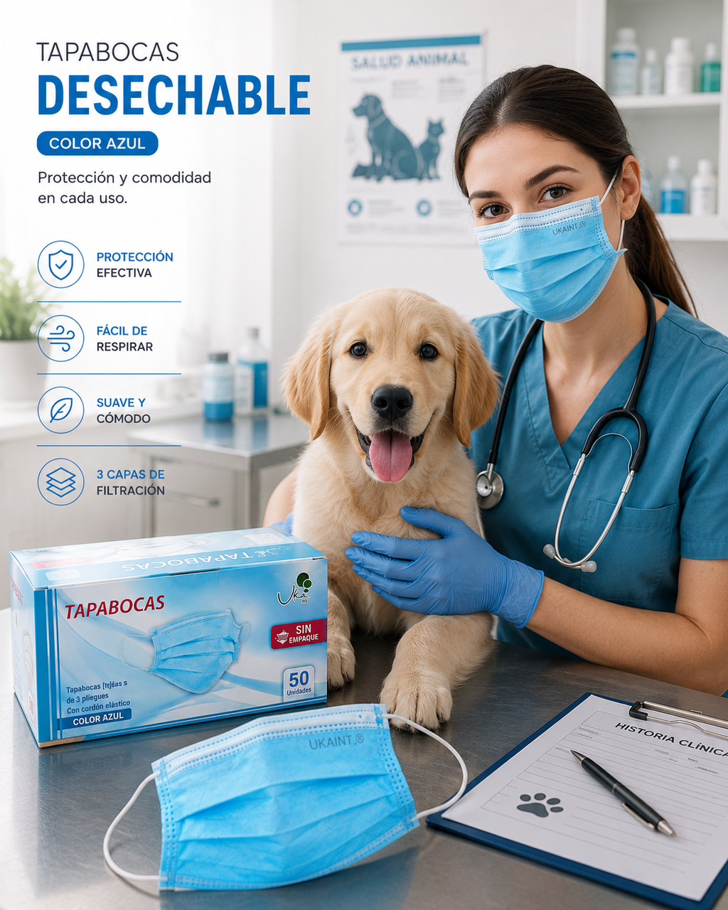 Caja de Tapabocas Desechables  Color Azul - 50 Unidades (Sin Empaque Individual)