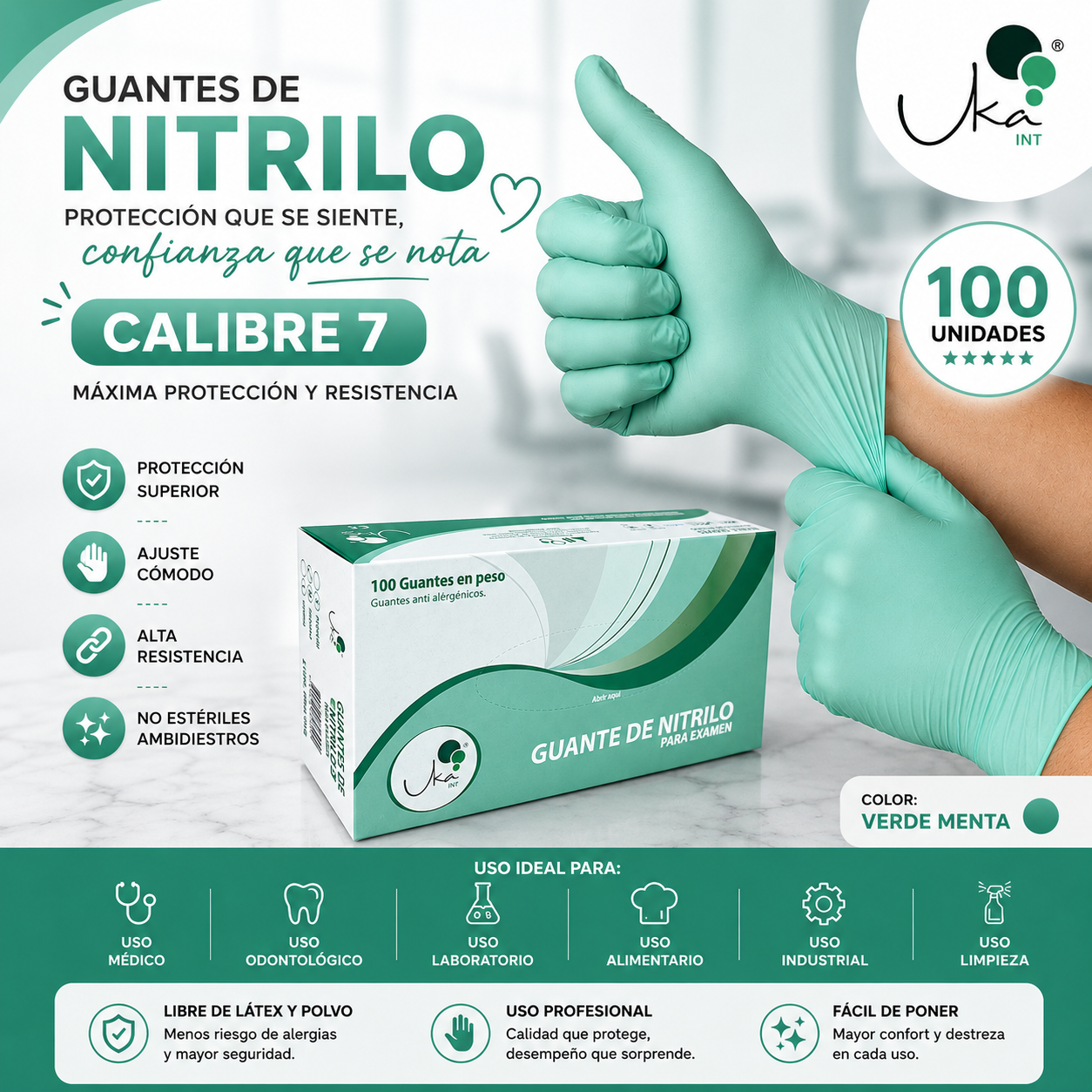 Caja de Guantes de Nitrilo Verde - Calibre 7 (100 Unidades)