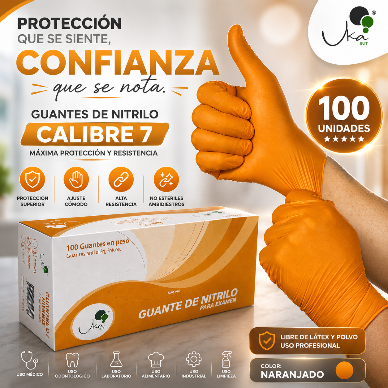 Caja de Guantes de Nitrilo Naranja - Calibre 7 (100 Unidades)