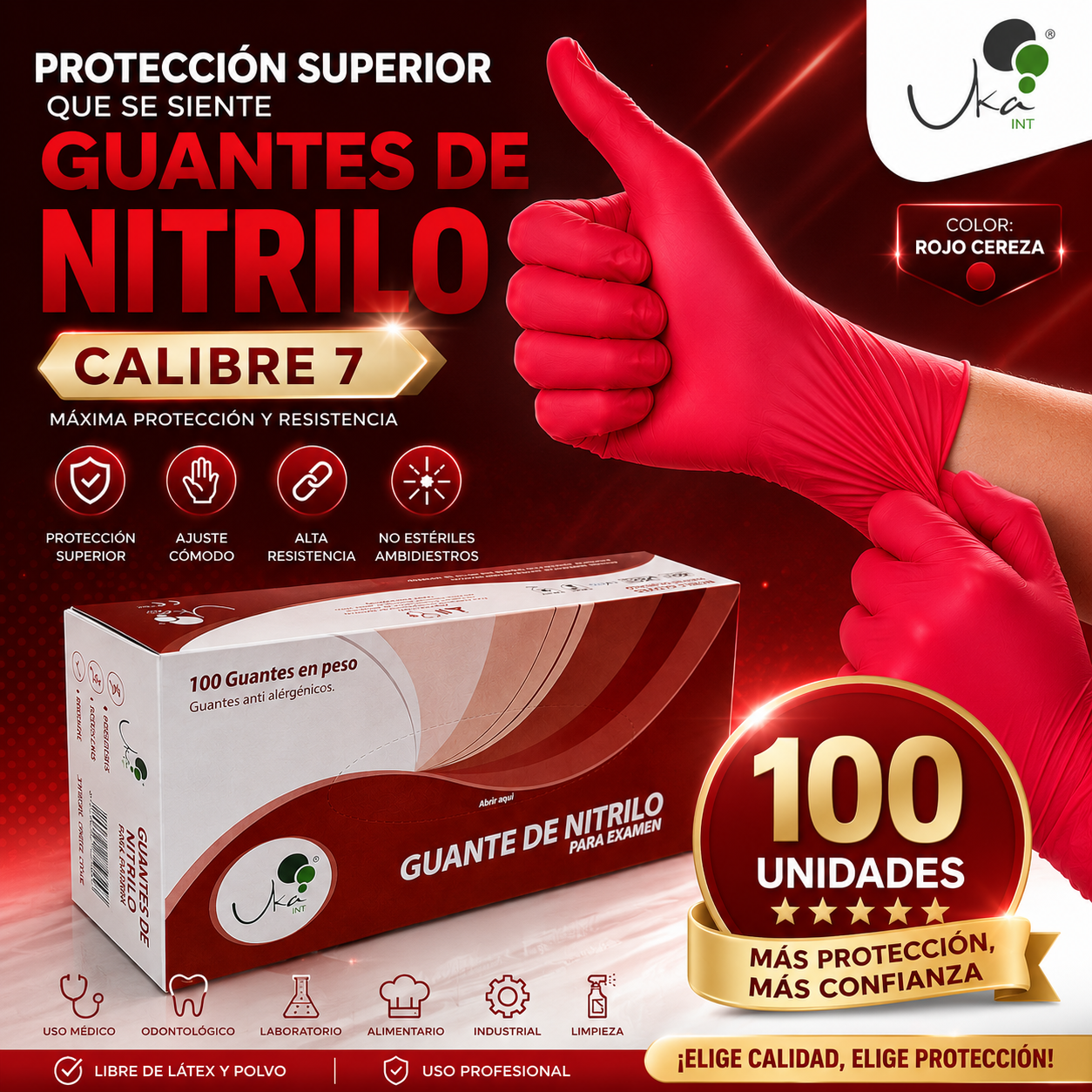 Caja de Guantes de Nitrilo Rojo Cereza - Calibre 7 (100 Unidades)