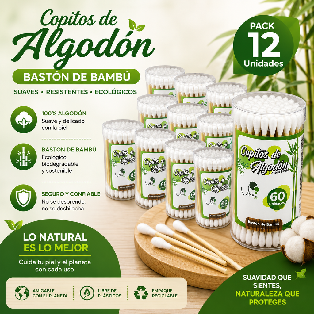 Copitos de Algodón con Bastón de Bambú - Tarro x 60 Unidades