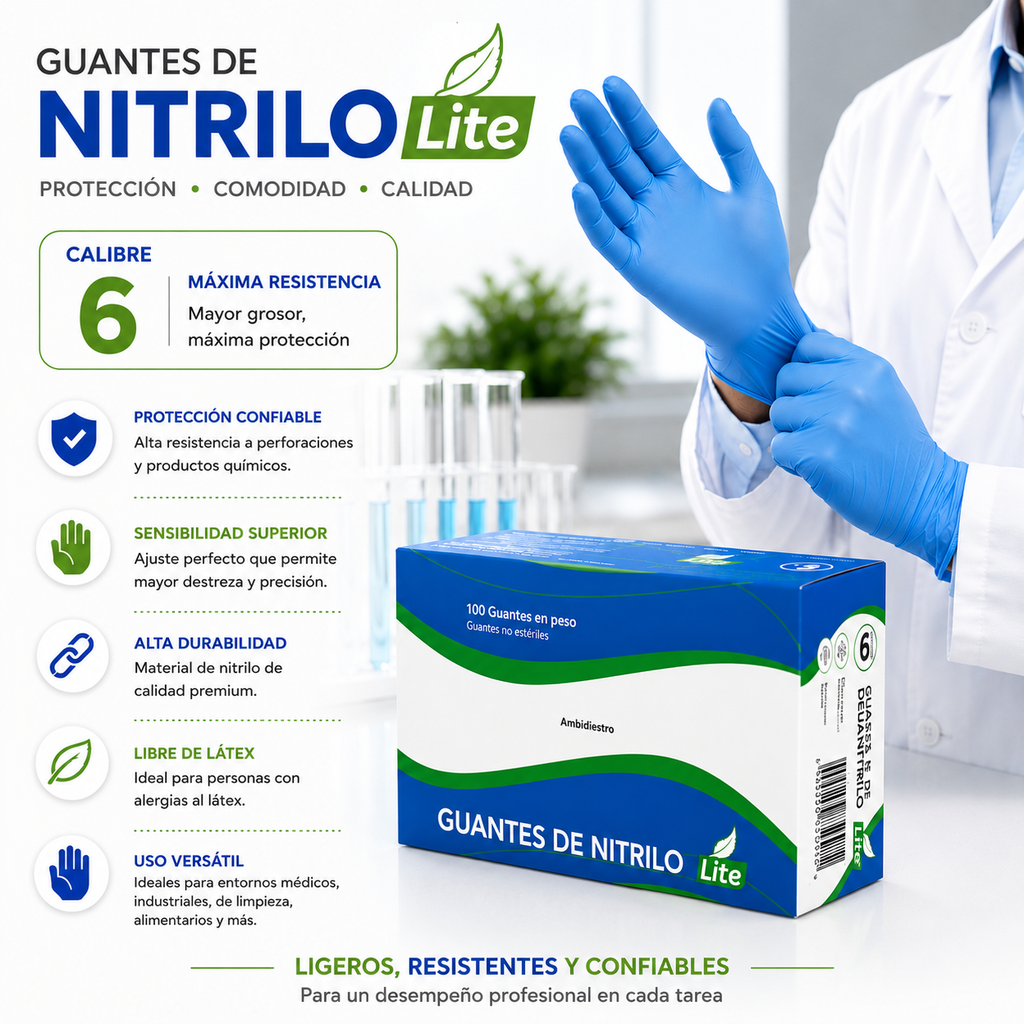 Caja de Guantes de Nitrilo Lite Azul - Calibre 6 (100 Unidades)