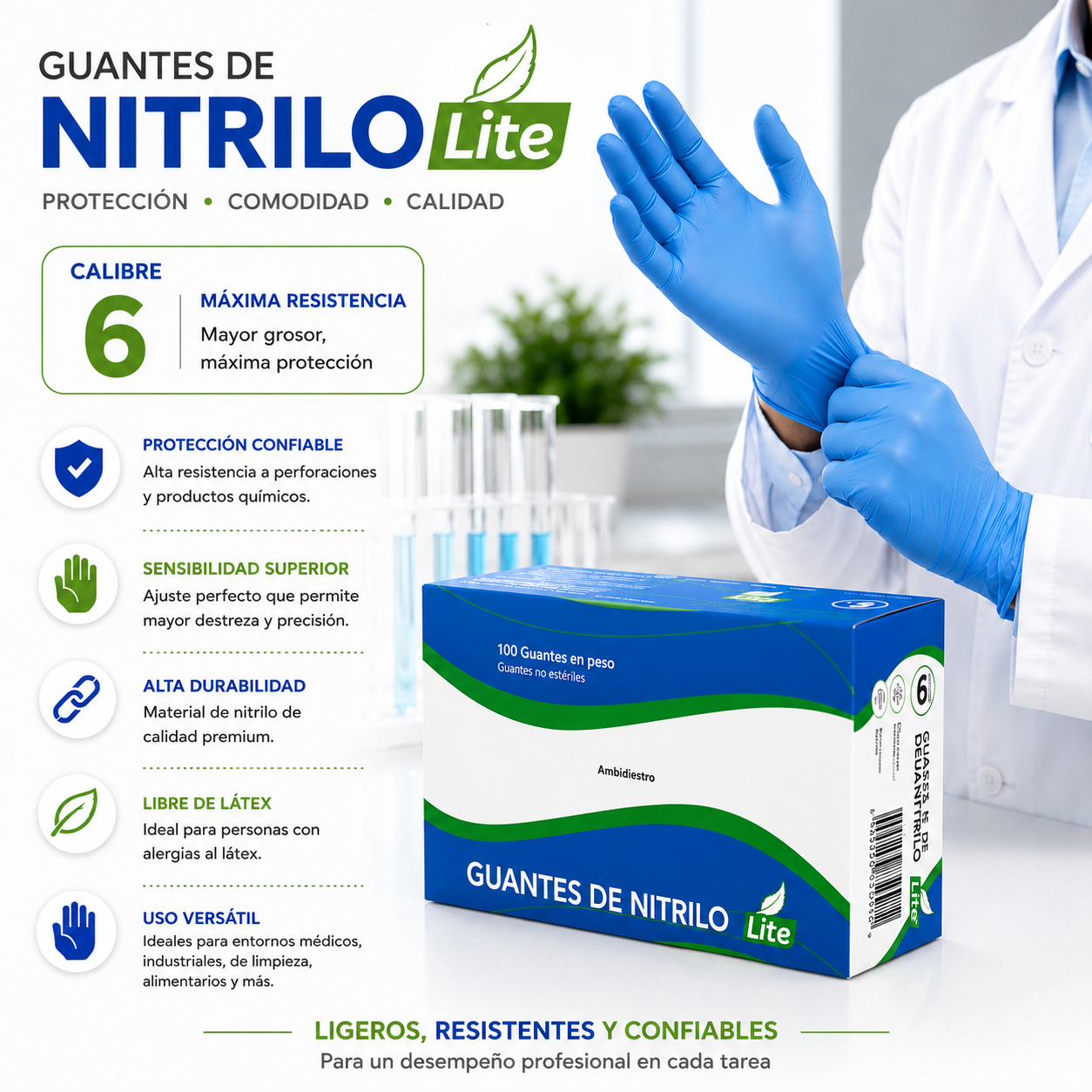 Caja de Guantes de Nitrilo Lite Azul - Calibre 6 (100 Unidades)