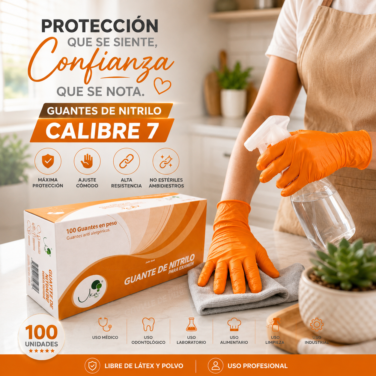 Caja de Guantes de Nitrilo Naranja - Calibre 7 (100 Unidades)