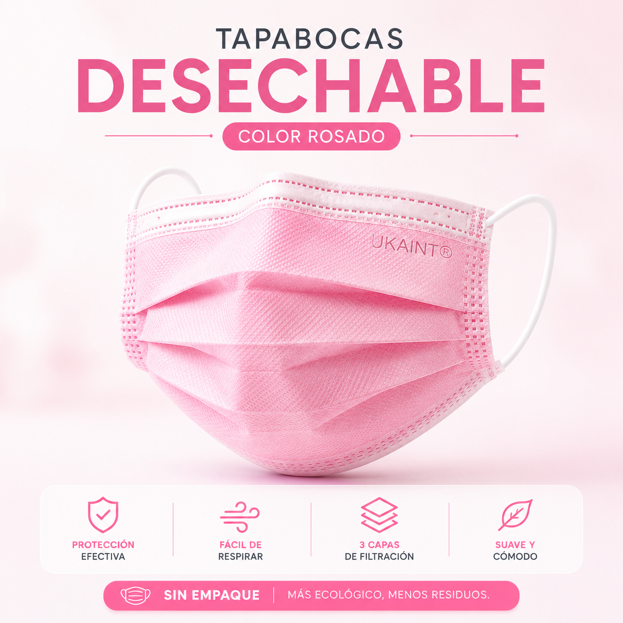 Caja de Tapabocas Desechables Rosados - (Sin Empaque Individual)