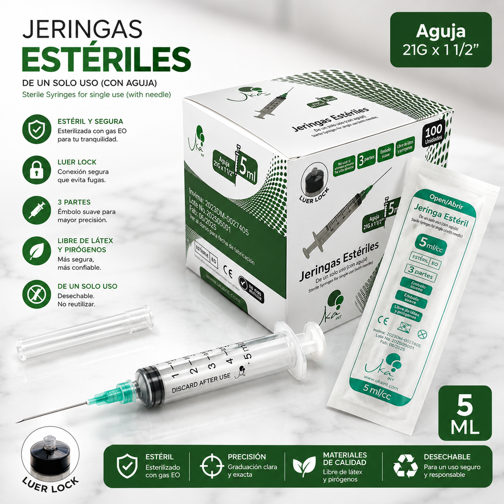 Jeringas Esteriles de 5ml/21G x 100 UND