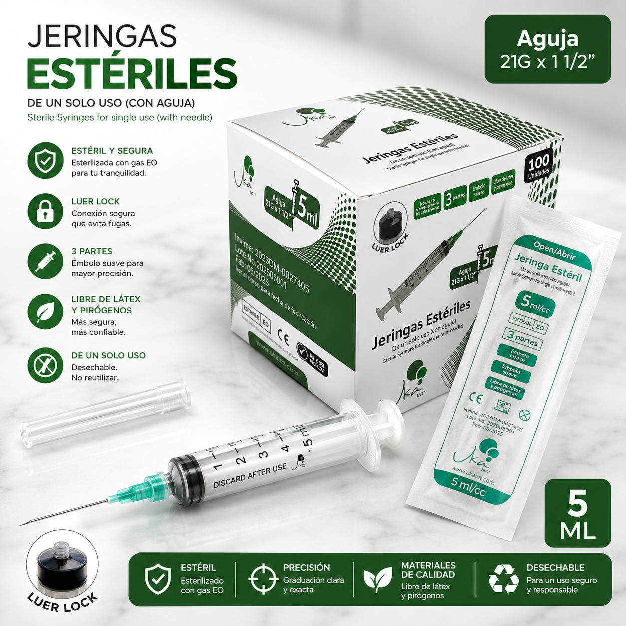 Jeringas Esteriles de 5ml/21G x 100 UND