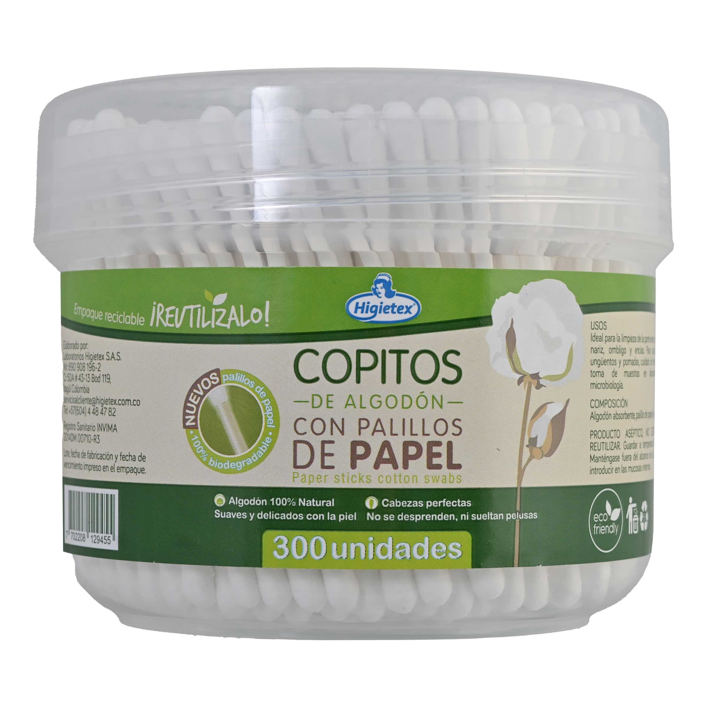 Copitos Ecológicos de Algodón con Palillo de Papel - Tarro x 300 Unidades