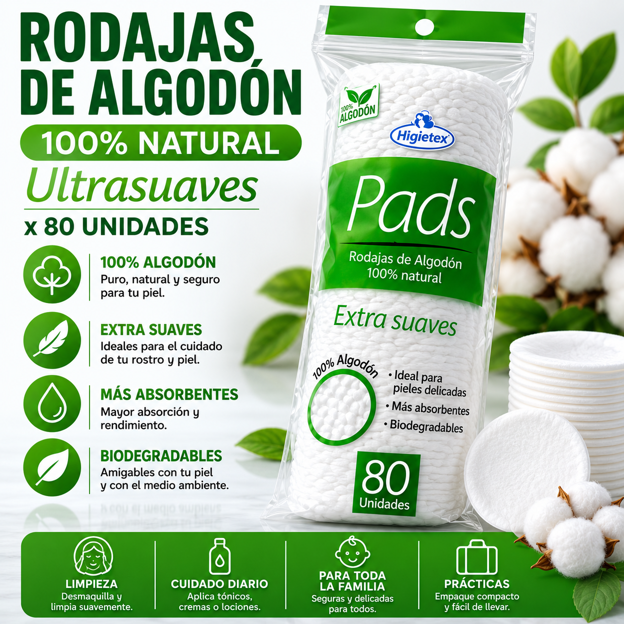 Rodajas de Algodón 100% Puro y Ultrasuave x 80 UNDS