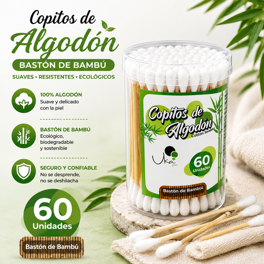 Copitos de Algodón con Bastón de Bambú - Tarro x 60 Unidades