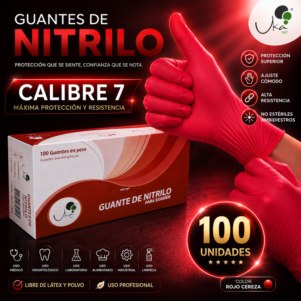 Caja de Guantes de Nitrilo Rojo Cereza - Calibre 7 (100 Unidades)